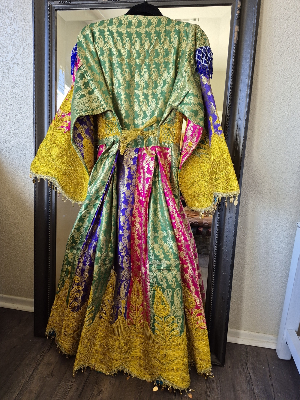 💕Beautiful Multi-Color Embroidered Blue Beaded Maxi Dress with Gold Lace💕